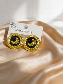 Vintage Moon Enamel Stud Earrings, Gold Hammered Round Stainless Steel Stud Earrings, Minimalist Elegant Fashion Personalized Versatile Design Earrings Suitable For Women Holiday And Daily Wear - Multicolor - View 2
