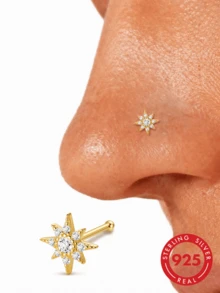 1 buah anting hidung berbentuk bintang segi delapan L dari perak sterling 925, perhiasan tindik hidung hipoalergenik, cincin hidung, unisex, cocok untuk pemakaian sehari-hari dan sebagai hadiah. - Emas - View 3
