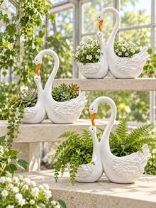 1pc Double Swan Planter, Elegant White Bird-Shaped Flower Pot With Two Planting Compartments, Succulent And Small Plant Container For Outdoor Garden, Patio, Porch, Balcony, Lawn And Yard Decor - New Product - View 3