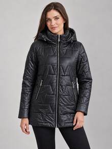 Women's Hooded Triangle Quilted Cotton Jacket With Drawstring Zip Front Stand Collar Padded Coat - Black - View 6