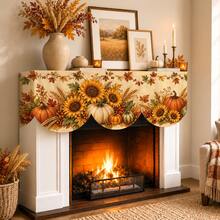 Autumn Harvest Pumpkin Maple Leaf Fireplace Scarf, Sunflower, Fruit Basket & Candle Lantern Patterns Available, Vintage Farmhouse Style Warm Beige Background With Wheat Ear Berry Print, Suitable For Living Room Fireplace Mantel, Entryway Cabinet Decoration & Thanksgiving Family Gathering Decor - Multicolor - View 2