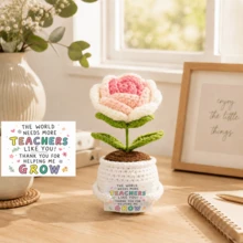 Chậu hoa hồng móc thủ công, quà tặng giáo viên "Cảm ơn vì đã giúp em trưởng thành", cây giả đan len, phù hợp trang trí bàn làm việc và nhà cửa - Hoa hồng - Xem 13