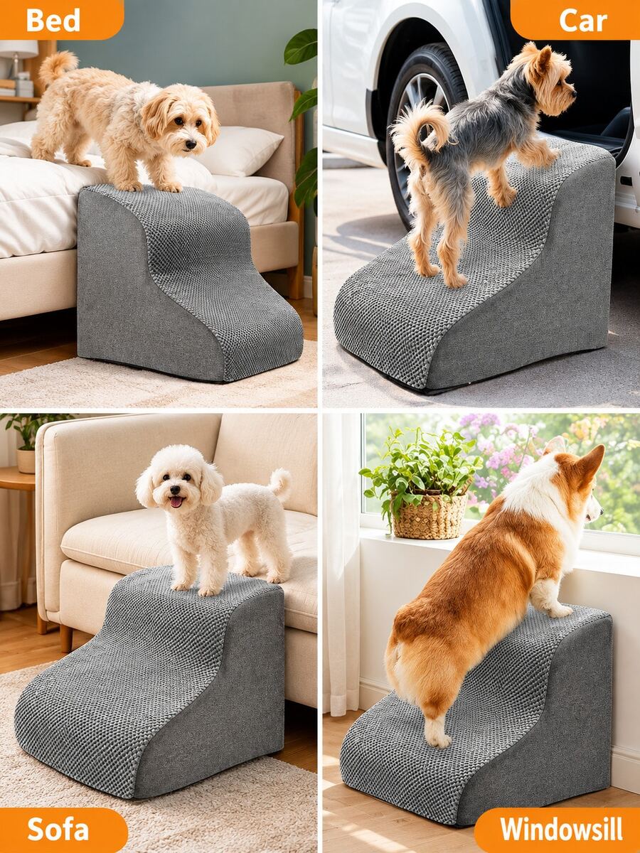 A Portable Pet Ladder, Bed Step, Puppy/Teddy Dog Climbing Ladder, Helps Small Dogs, Senior Pets, And Injured Animals Climb Easily - Comes With A Removable Cover And Non-Slip Base, Suitable For Home Use As A Bedside Ladder, Washable, Perfect For Halloween And Christmas. - Light Grey - View 1
