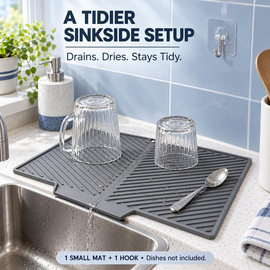 1 Set Small Silicone Draining Mat With Adhesive Hook, 37 X 26 Cm, Flexible Kitchen Countertop Draining Tray With Drain Hole, Compact Kitchen Hanging Storage, Black Or Gray, 1 Mat + 1 Hook Set - Multicolor - View 1