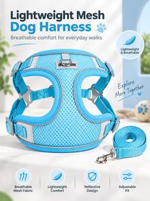 1 Set Harness & Tali Anjing Mesh Bernapas, Rompi Harness Hewan Peliharaan Lembut dengan Strip Reflektif yang Dapat Disesuaikan, Harness Jalan Ringan Anti-Lepas, Cocok untuk Anjing Sedang & Kecil untuk Perjalanan Harian Luar Ruangan Perlengkapan Hewan Peliharaan - Biru - View 2