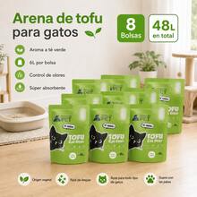 Arena para gatos de tofu, 48 litros por paquete, 6 litros por bolsa, 8 bolsas en total. Se aglomera fácilmente, controla los olores sin generar polvo y viene en varios aromas. Imprescindible para hogares con varios gatos y para quienes buscan abastecerse. - 48 L - Ver 1
