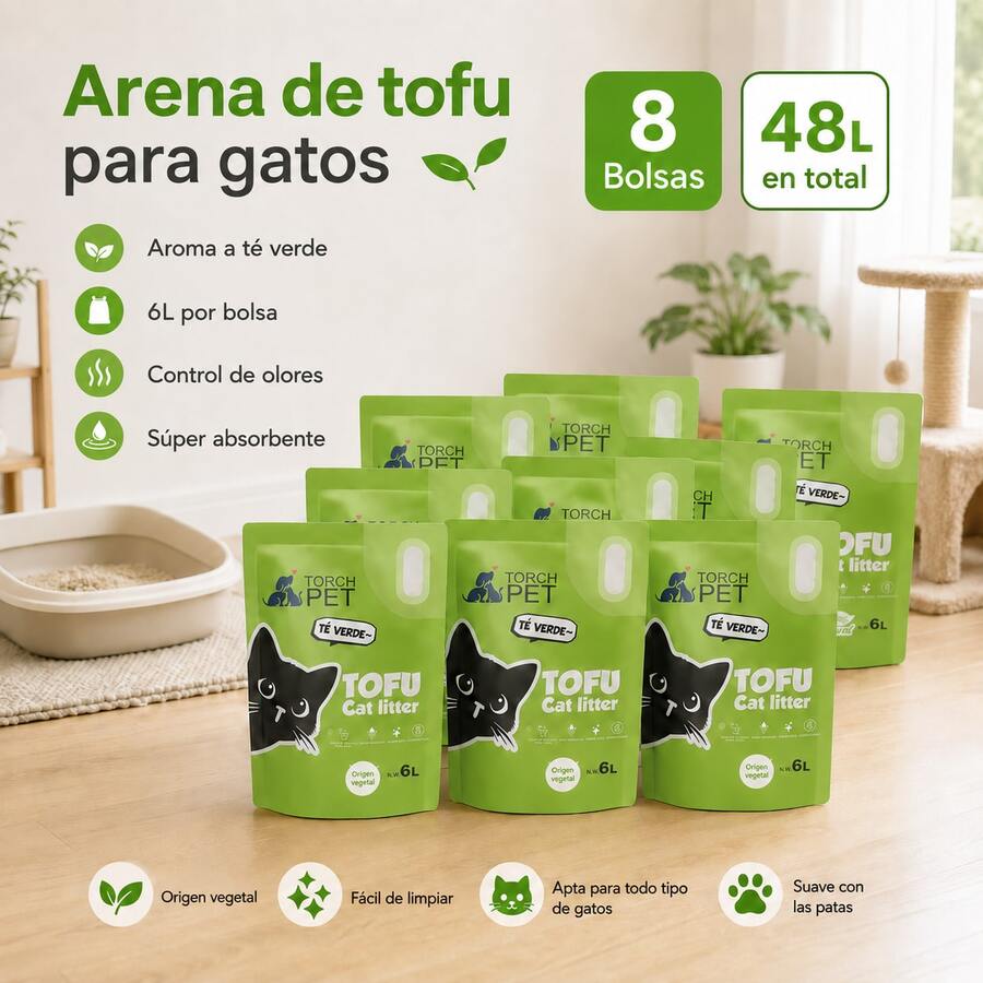 Arena para gatos de tofu, 48 litros por paquete, 6 litros por bolsa, 8 bolsas en total. Se aglomera fácilmente, controla los olores sin generar polvo y viene en varios aromas. Imprescindible para hogares con varios gatos y para quienes buscan abastecerse. - 48 L - Ver 1