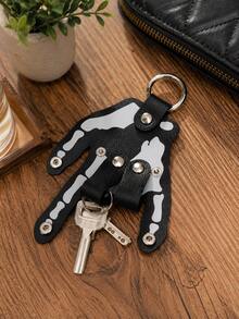 Skeleton Hand Keychain, 1pc PU Leather Key Organizer Bag, Palm Shaped Key Fob With Snap Button, Foldable Key Ring Key Holder, Gothic Skeleton Finger Keychain, Halloween Bag Charm, Suitable For Wallet Backpack, Car House Keys, Unisex Gift - A - View 4