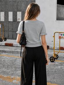 Women's Casual Yellow Round Neck Ruffle Trim Short Sleeve Loose Fit T-Shirt, Spring/Summer Style, Suitable For Dating And Daily Wear - Grey - View 8