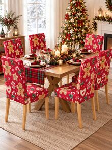 Christmas Dining Chair Set Red Gingerbread Man Candy Cane Cookie Snowflake Print Chair Covers Restaurant Kitchen Christmas Party Home Decor - Red - View 12