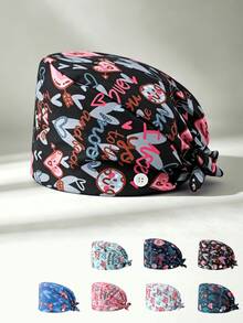 1pc Women's Heart Print Tie-Up Work Hat, Side Button Design Adjustable Headwrap Cap, Breathable Dust-Proof Beauty Salon Kitchen Protective Cap - Love Style - View 5