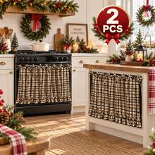 2 Pack Khaki Plaid Oven Door Curtain, Khaki Oven Skirt For Kitchen Curtains, Cortinas De Cocina, Kitchen Deccor And Home Decor, Tie Top Ruffle Design For Oven Door, Kitchen Display And Seasonal Decorating - Khaki - View 1