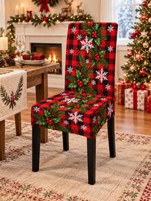 Christmas Dining Chair Set Red & Black Plaid Holly Berry Snowflake Print Chair Covers Restaurant Kitchen Holiday Table Decor - Red - View 6
