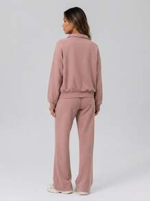 Never me Set Kasual 2 Potong Wanita Sweatshirt Kerah Setengah Ritsleting & Celana Kaki Lurus Longgar - Rusty Rose - View 3