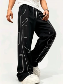 Modern Abstract Line Print Drawstring Elastic Waist Loose Wide Leg Sweatpants, Minimalist Urban Street Style Casual Sports Long Pants - Black - View 1