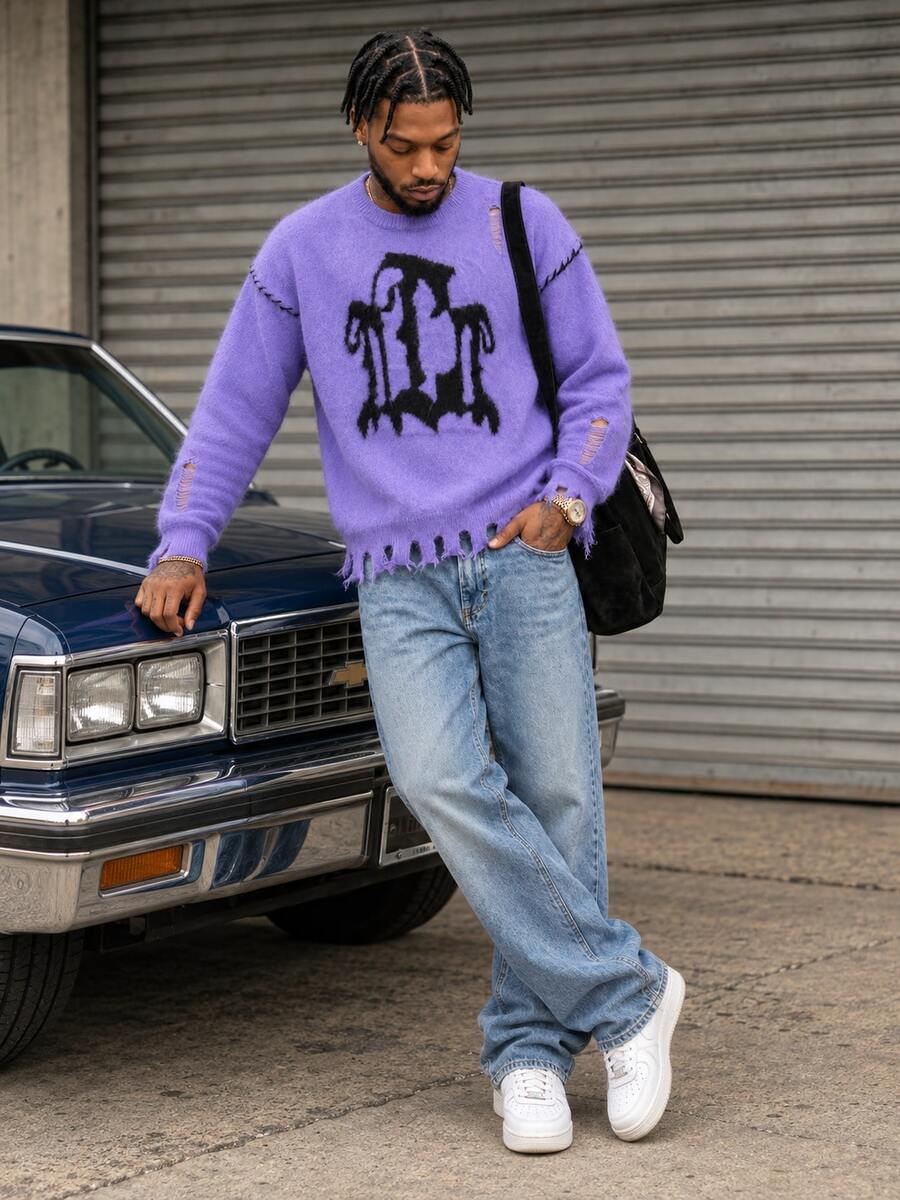 BLACKTOEXIT Spring Autumn Winter Men Women Fashion Street Gothic Pattern Long Sleeve Sweater Tassel Distressed Loose Crew Neck Pullover Drop Shoulder Knit Top - Purple - View 1