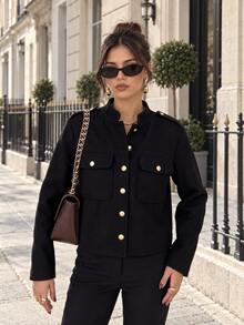 TRAFZA Women's Wool-Feel Fabric Metal Button Jacket, Casual Elegant Solid Color Top Black Fall - Black - View 3