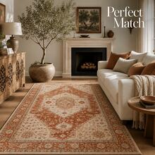 1pc Rectangular Vintage Clay Badge Pattern Oriental Style Carpet, Retro Bohemian Warm Tone Floor Rug, Soft Skin-Friendly Fabric With Non-Slip Backing, Durable And Easy To Clean, Suitable For Living Room, Bedroom, Dining Room, Entryway, Perfect For Daily Rustic Farmhouse Home Decor - Multicolor - View 5