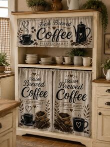 1組 Fresh Brewed Coffee 文字廚房窗簾，美式鄉村復古木紋聚酯纖維桿套短窗簾，咖啡杯、咖啡壺與咖啡豆印花小窗簾，適用於咖啡店、餐廳、櫥櫃及居家日常裝飾 - 彩色 - 查看 13