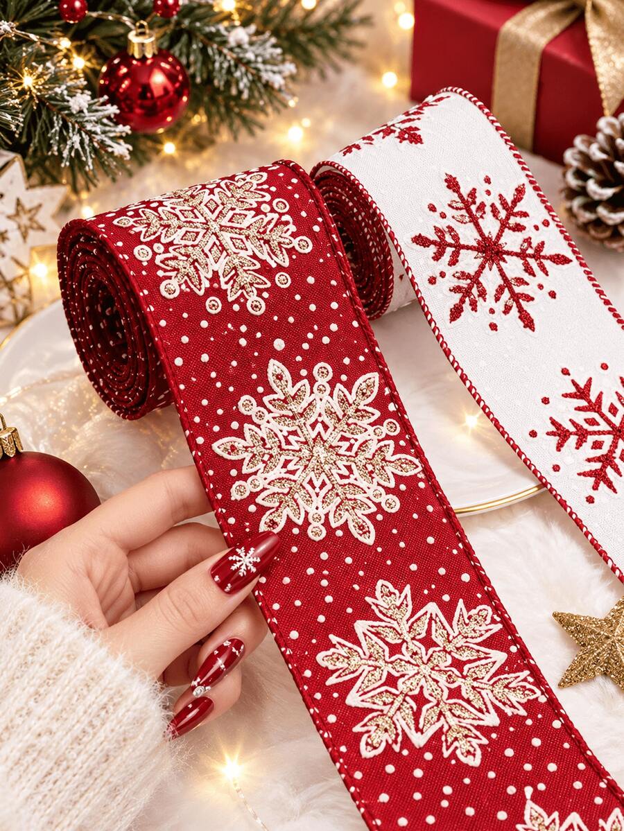 Christmas Snowflake Bow Ribbon, 6.3cm/Inch Wide Christmas Ribbon With Striped Edges, Holiday Red And White Burlap Ribbon, For Gift Wrapping, Christmas Gift Boxes, Gifts