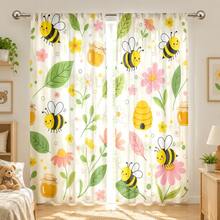 2pcs Cute Cartoon Bee & Floral Pattern Semi-Sheer Bedroom Curtains, 90GSM Polyester Semi-Transparent Privacy Protection, Cute Style Living Room Curtains, Kitchen Curtains, Suitable For Home, Room, Kitchen Dividers Or Decoration, Rod Pocket Design Easy Installation, Quick Dry, Water-Resistant, Fade-Resistant, Lightweight Removable Washable Curtains - Multicolor - View 5