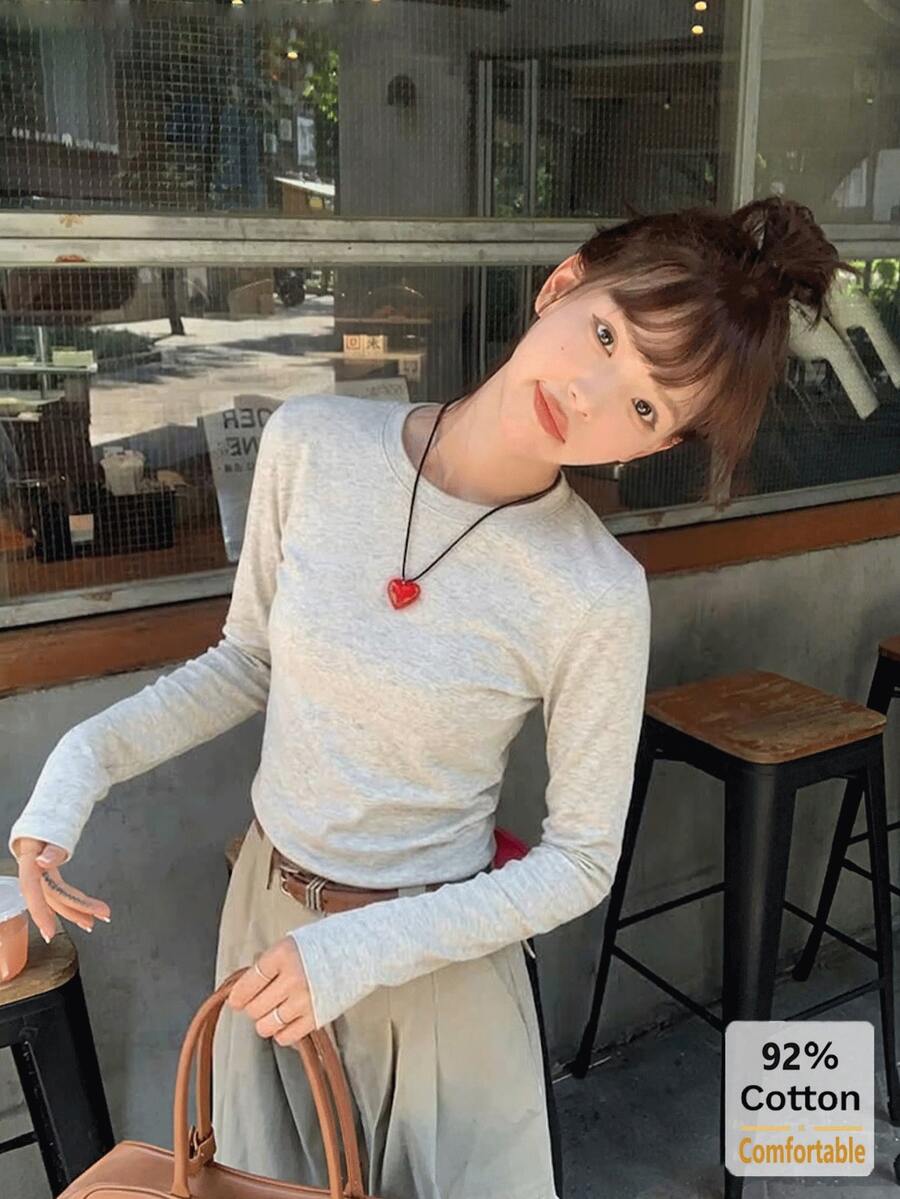Women's Long Sleeve T-Shirt, Versatile Gray Floral Top, Slim Fit Solid Color Inner Layer, Suitable For Autumn/Winter - Gray - View 1