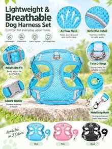 1 Set Harness & Tali Anjing Mesh Bernapas, Rompi Harness Hewan Peliharaan Lembut dengan Strip Reflektif yang Dapat Disesuaikan, Harness Jalan Ringan Anti-Lepas, Cocok untuk Anjing Sedang & Kecil untuk Perjalanan Harian Luar Ruangan Perlengkapan Hewan Peliharaan - Biru - View 4
