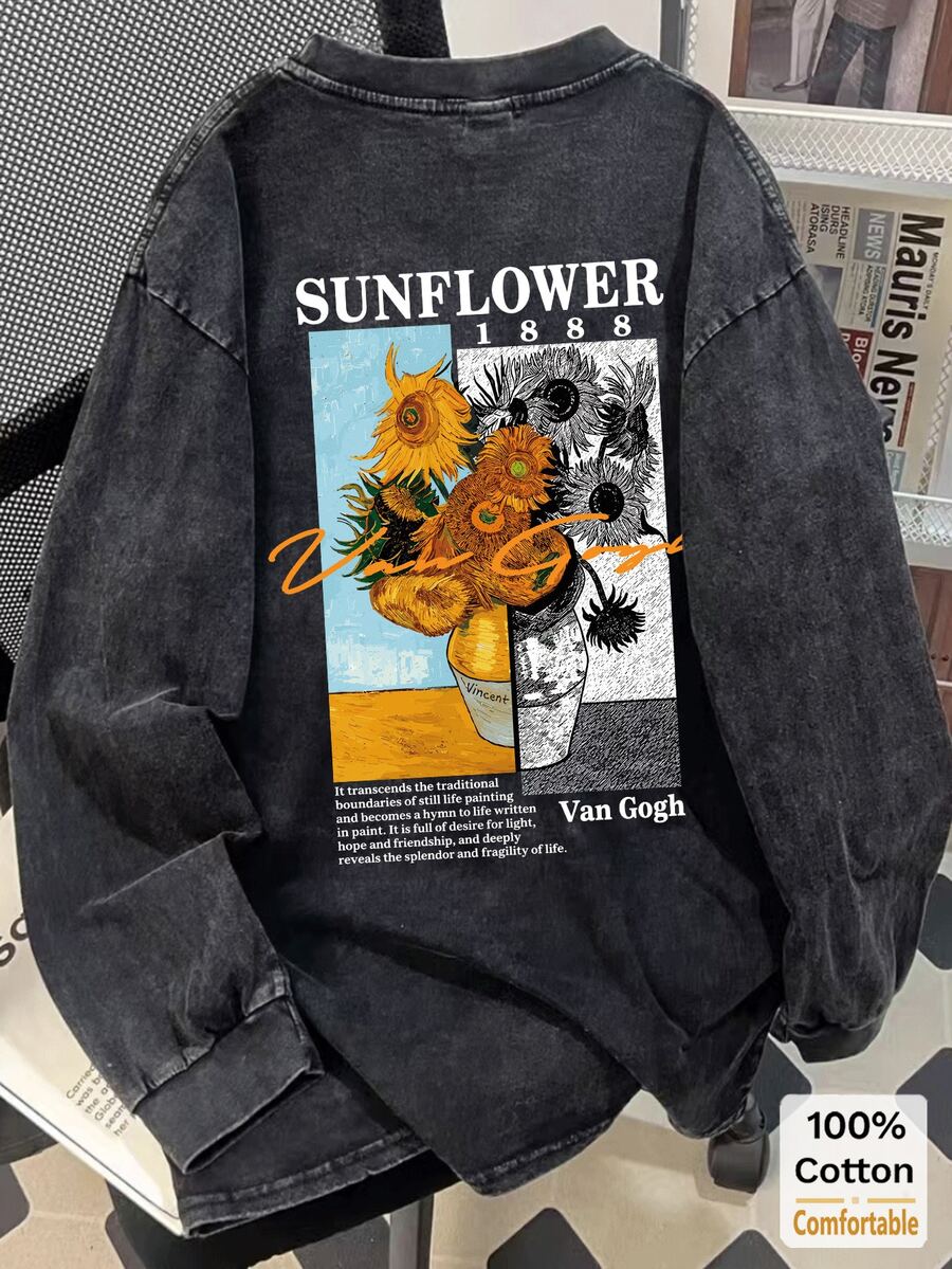Women's Pure Cotton Washed Black Long Sleeve T-Shirt, Sunflower Print Top, Loose Fit, Slimming Design, Stylish Retro Black, Oversized - Black - View 1