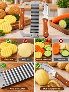 1/2pcs Vegetable Peeler And Wavy Slicer Set, Stainless Steel Wavy Vegetable Slicer With Wooden Handle, Potato Carrot Cucumber Peeling And Cutting Tool, Kitchen Food Preparation Cookware Set - Multicolor - View 9