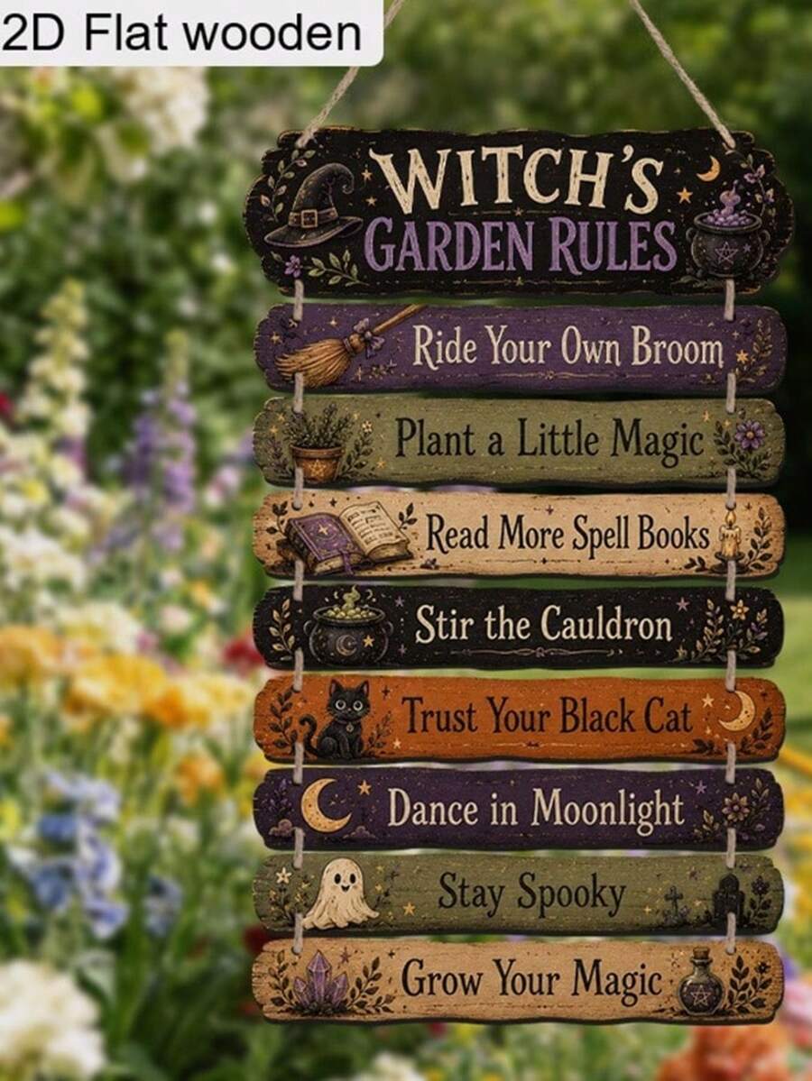 2D Flat Style, 9-Piece Set Vintage Country Style Wooden Hanging Signs - Witch's Garden Rules Sign, Includes Witch, Cauldron And Spell Decorations, Made Of Artificial Wood Material, Suitable For Outdoor Porch, Yard, Garden Housewarming Gift - Halloween Decoration, 2D Flat Style - Multicolor - View 1