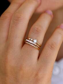 1pc 18K Gold Plated Luxury White Gemstone Ring, Horizontal Rectangular Bar Geometric Ring, Exquisite Holiday Party Gift For Women - Yellow Gold - View 9