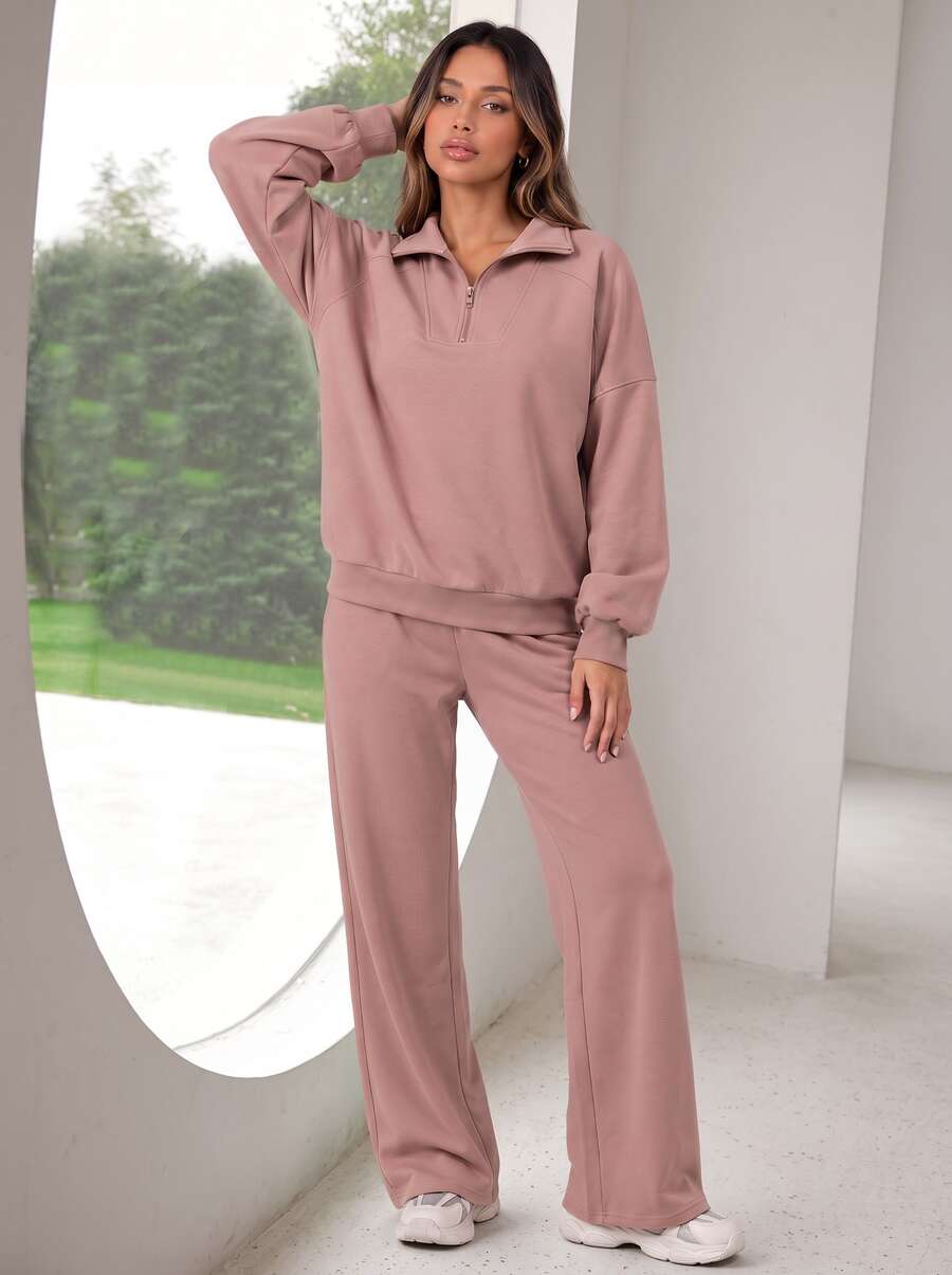 Never me Women's Half Zip Collar Sweatshirt & Loose Straight Leg Pants Casual Two Pieces Set - Rusty Rose - View 1