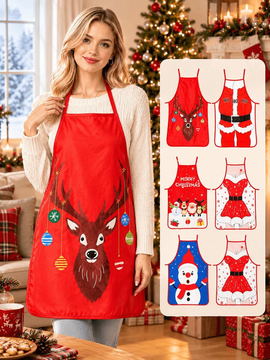 Unisex Christmas Apron 60 X 80 Cm, Featuring Santa Claus, Reindeer, Snowflake And Christmas Tree Patterns, Adding A Festive Atmosphere To Your Home, Christmas Party, Gathering And Kitchen - Multicolor - View 1
