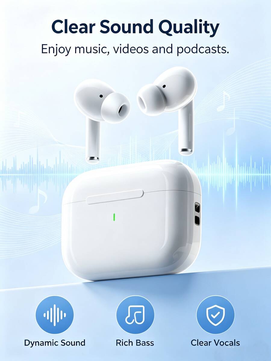 Tai nghe không dây True Wireless - Tương thích với thiết bị Apple và Android, tích hợp micro, chống mồ hôi, thời gian sử dụng lên đến 24 giờ - Màu trắng - Xem 1