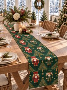 1pc Christmas Table Runner, Nutcracker, Christmas Tree, Star, Pine Branch Print, Vintage Country Christmas Table Decor, Suitable For Holiday Dinner Party Table - Multicolor - View 9