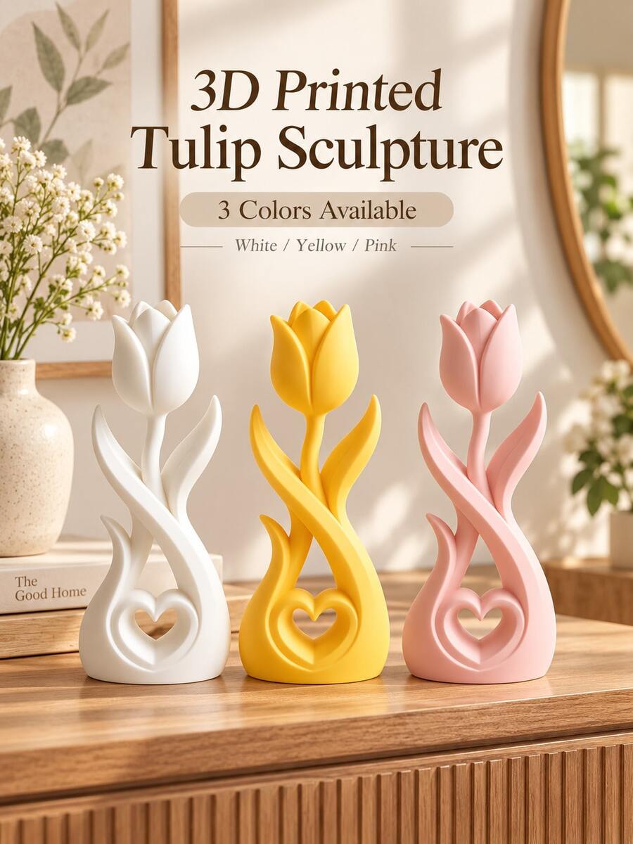 Tulip Sculpture, Minimalist Hollow Heart Design, 3D Printed Home Decor, Elegant Floral Art Ornament, Suitable For Study, Entryway, Bedroom Or Living Room, Exquisite Indoor Accent, Modern Romantic Style, Unique Gift.