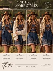 Women's Summer Bohemian Short Dress, Autumn Vintage Sleeveless Camisole Dress, Western Short Camisole Dress, Exquisite Printed Royal Blue Dress, Elastic Fabric Camisole Short Dress - Royal Blue - View 2
