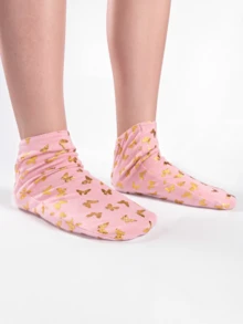 Pink Moisturizing Socks For Dry Cracked Feet, Reusable Foot Spa Covers, Softening Heel Repair Care Routine, Foot Mask Tools, Foot Care, Spa Socks, Golden Butterfly Pattern, Y2k - Golden Butterfly - View 3