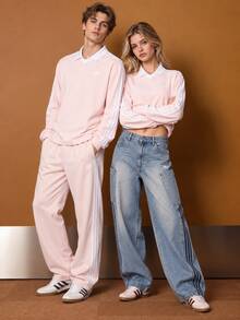 Adidas Clover Soft Velvet Long Sleeve Polo Shirt For Men And Women - Baby Pink - View 1