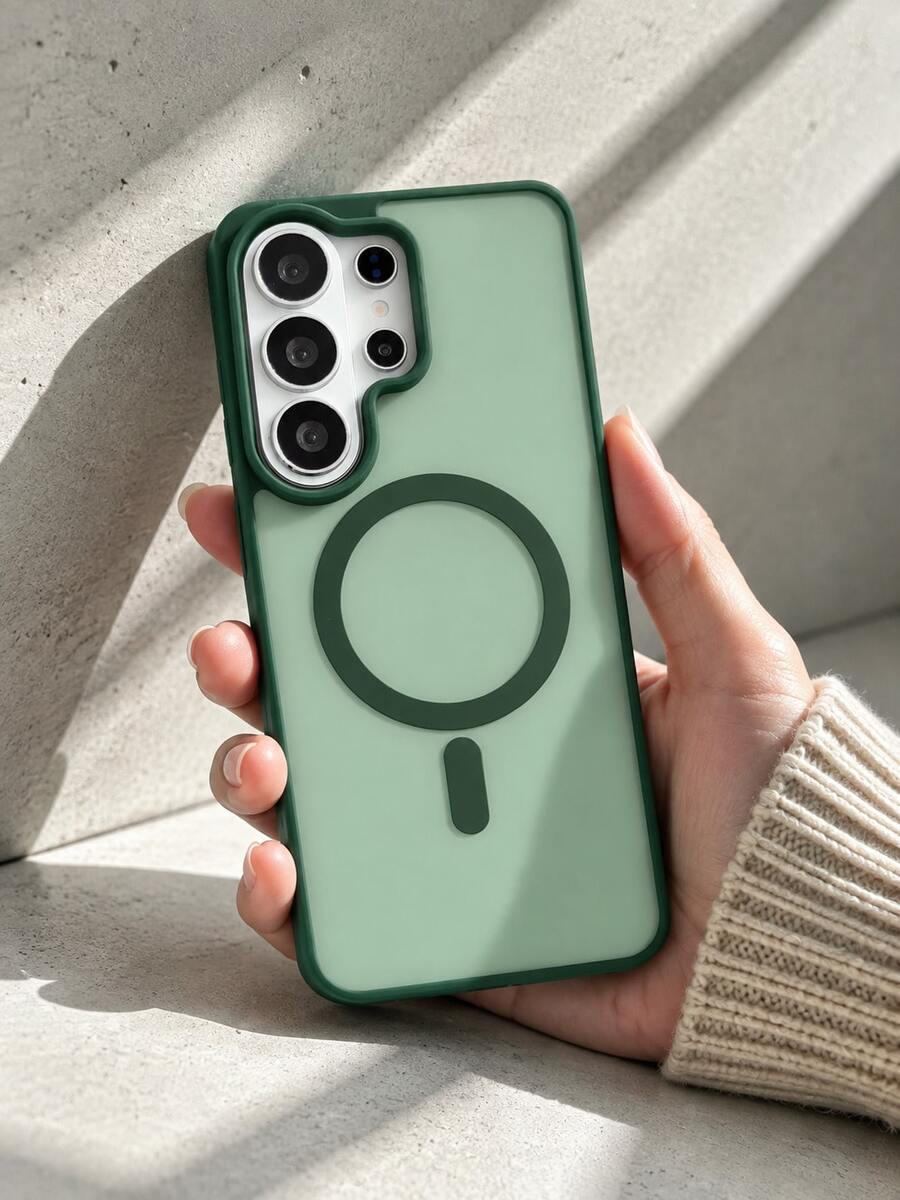 S25Ultra Magnetic Phone Case, Skin-Feel Matte Semi-Transparent Back Panel, Contrast Color Frame Full Coverage Lens Anti-Drop, MagSafe Wireless Charging, Minimalist Personalized Anti-Fingerprint Protective Shell - Pale Green - View 1