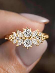 1PC 18K Gold Plated Luxury White Gemstone Ring,Dual Round Center Stones,Horse Eye And Round Cluster Floral Ring, Ladies' Exquisite Holiday Party Gift - Yellow Gold - View 12