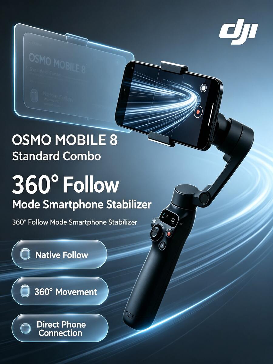 dji OM8 (Osmo Mobile 8) Stabilizer Smartphone dengan Fitur Ikuti Cerdas 360° dan Stabilisasi Gambar, Tongkat Selfie Portabel yang Dapat Dilipat, Gimbal Genggam untuk Live Streaming dan Vlogging - View 1