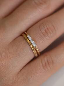 1pc 18K Gold Plated Single Rectangular Zirconia Bezel Set Ring, Minimalist Stackable Ring, Gift For Women And Girls For Daily Wear, Party And Holiday - Yellow Gold - View 3