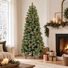 Artificial Frosted Christmas Tree With Red Berry Pine Cone Decoration Indoor Holiday Display Tree - Green - View 1
