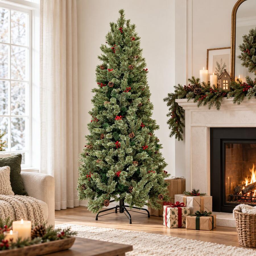 Artificial Frosted Christmas Tree With Red Berry Pine Cone Decoration Indoor Holiday Display Tree - Green - View 1