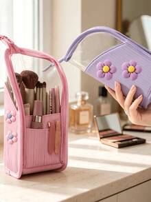 Aesthetic Cute Flower Makeup Brush Holder Bag, Transparent Window Vertical Cosmetic Storage Pouch, Portable Handheld Travel Beauty Tool Organizer For Women - Multicolor - View 3