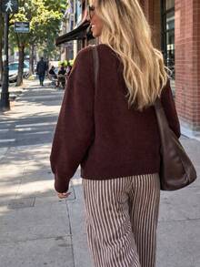 Women's Plus Size Knitwear Cardigan, Long Sleeve Round Neck Button Front Sweater With Drop Shoulder, Perfect For Fall And Winter Style - Chocolate Brown - View 2