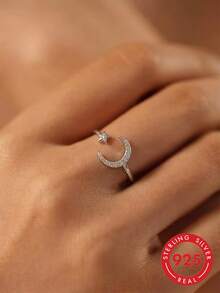 S925 Sterling Silver Star & Moon Ring Open Adjustable Full Rhinestone Crescent Moon & Star Finger Ring Gentle Atmosphere Women's Accessory - White Gold - View 1