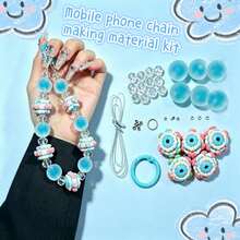 Pink/Blue/White/Green/Purple Round Bead Handmade Phone Chain Material Kit, Featuring Rubber-Feel Jelly Beads, Glass Beads, Cute Hand-Painted Beads, Metal Rings, CCB Spacer Beads And One String - Multi-color (1 DIY Material Kit) - View 9