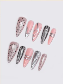 24片長款尖頭穿戴甲，Y2K龐克金屬銀條紋波點鉚釘貓眼美甲貼，壓克力假指甲套組附果凍膠與指甲锉，可重複使用，適合夜店派對與日常配戴，女性美甲配件 - 彩色 - 查看 3